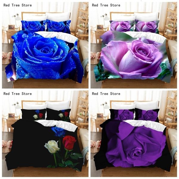 Bettwäsche-Sets Luxus Blau Lila Rose Bedrucktes Set 3D-Blumenmuster Bettbezug Tagesdecke 220 x 240 King Queen Size für erwachsene Paare 230809