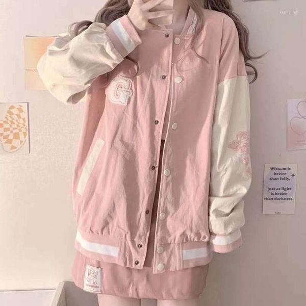 Giacche da donna HOUZHOU Giubbotto bomber giapponese Y2k Donna Kawaii Oversize College Baseball Rosa Carino Moda coreana Streetwear Varsity