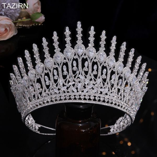 Hochzeit Haarschmuck TAZIRN 5A Zirkonia Braut große Kronen Arabisch Dubai Luxus Versilberung Kristall Hohe Tiaras für Frauen CZ Kopfbedeckung 230809