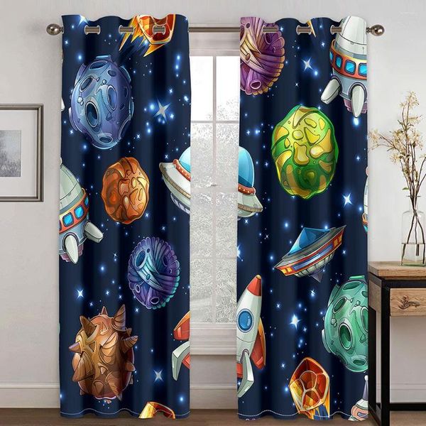 Cortina dos desenhos animados Espaço Planeta Nave Espacial Universo Crianças Cortinas de Janela Fina Para Menino Sala de Estar Quarto Decoração 2 Peças