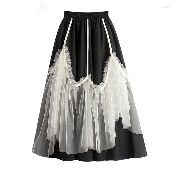 Gonne a vita alta in maglia nera gonna lunga a trapezio moda donna Lolita tulle goth irregolare stile da festa autunnale femminile