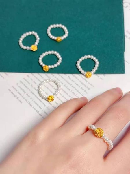 Cluster Rings LABB 999 Full Gold Rose Pearl Ring 3D Pure 24K Boutique da donna Gioielli Regalo di nozze J116