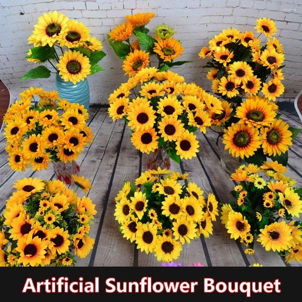 Flores decorativas Moda Amarelo Brilhante Artesanato Faça Você Mesmo Decoração para Casa Flor Artificial Girassol Flores Falsas Buquê Decoração de Casamento