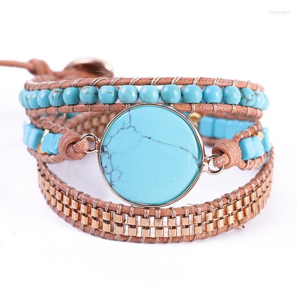 Strand Multilayers Women Leather Wrap Bracciali WTurquoises strass in rilievo 3X Boho gioielli all'ingrosso