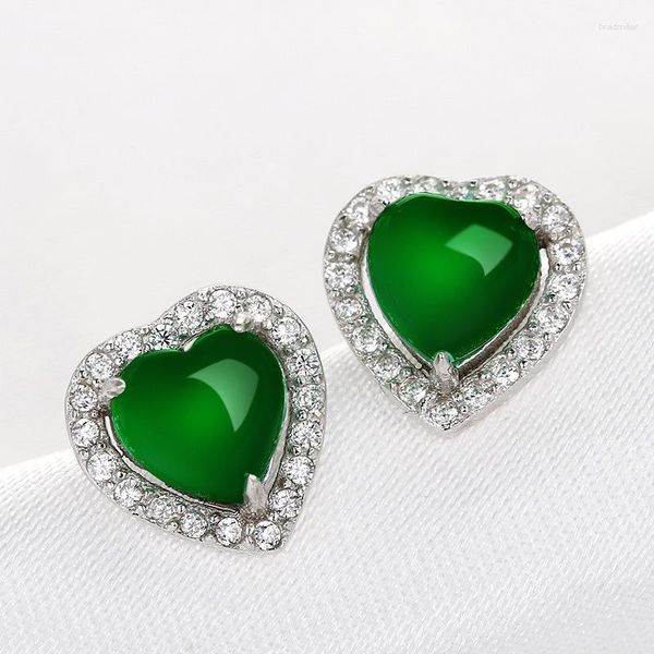 Orecchini a bottone Calcedonio verde naturale Intagliato a mano Gioielli di moda a forma di cuore Argento 925 da donna Accessori regalo intarsiati