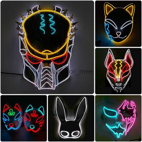 Luminous Party Mask Cosplay Anime japonês Fox Horror Face Joker Predator Sexy Bunny Growing LED Máscara para Halloween Christmas HKD230810