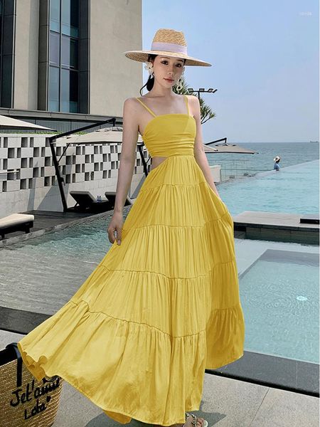 Sıradan elbiseler sarı seksi plaj kayma uzun elbise kadınlar sırtsız yaz zarif 2023 Tatilde Kore moda balo bodycon akşam