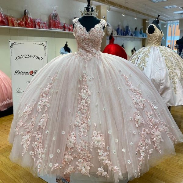 Светло-розовое платье принцессы Quinceanera, 2024, с открытыми плечами, аппликациями, блестками и цветами, вечерние, милое платье 16, Vestidos De 15 Anos