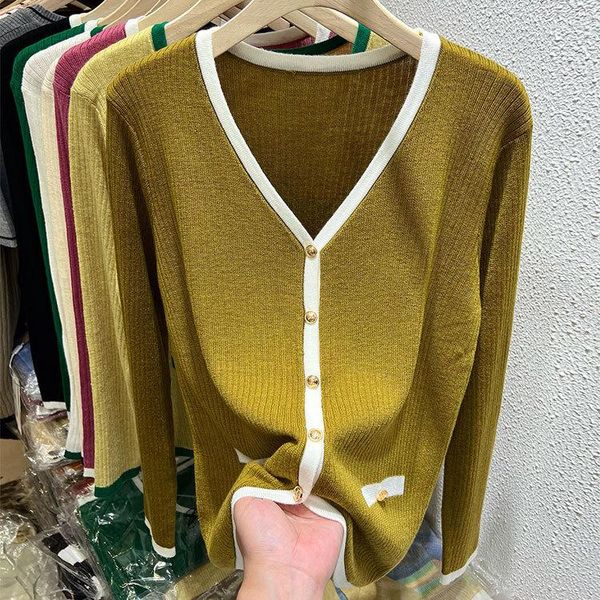 Kadın Sweaters V Yastık Altın Renk Moda Örgü Kazak Tam Kollu İyi Kaliteli Gerçek Resim Leydi Üstleri Jumpers Örme Haldigan