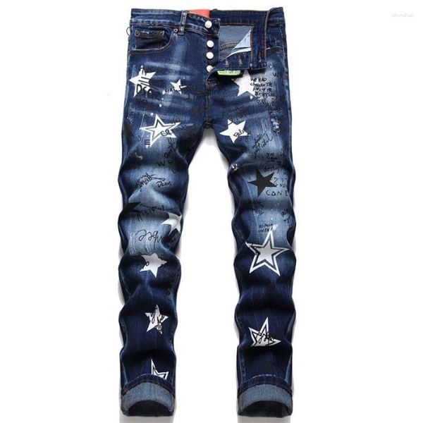 Мужские джинсы хип -хоп худые мужчины из печати разорванные стройные джинсовые штаны граффити -хараджуку -уличная байкер -одежда Хунса Брюки Одежда