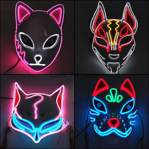 Máscara de Slayer Demônio brilhante Cosplay Cartoon japonês Neon Light Samurai Mascara luminous LED Fox Máscara para Halloween Christmas HKD230810