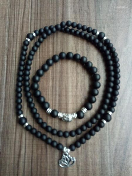 Conjunto de 2 peças de pulseira de ônix preto fosco 108 contas mala pingente de lótus pulseiras de oração de ioga 1 volta/4 voltas