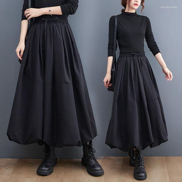 Röcke Vintage Schwarz Hohe Taille Faltenrock Frauen Plus Größe Mode Kordelzug Lose Beiläufige Midi Herbst Winter Ballkleid