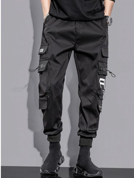 Calça Masculina Cargo Slim Lápis Cintura Elástica Média Streetwear Outono Fino Funcional Calça Vento 230809