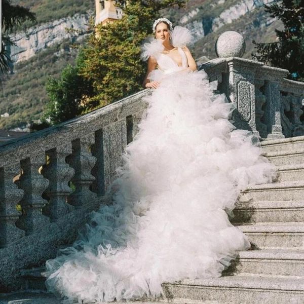 Damen-Nachtwäsche, flauschiges Tüll-Brautparty-Kleid für Poshoot, Kathedralen-Schleppe, Hochzeitstag-Kleid, weißes mehrschichtiges langes Brautkleid
