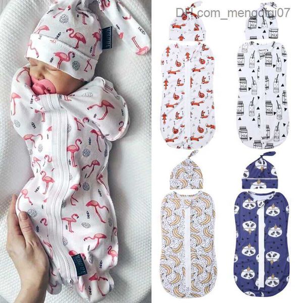Pijama 2pcs Yumuşak bebek kunesi sade battaniye sevimli hayvan baskı yenidoğan bebek uyku tulumu ambalaj kundak battaniye+şapka z230810