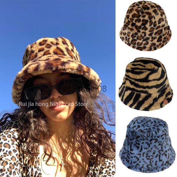 Breite Krempeln Hüte Eimer Hüte 2022 Unisex Kunstpelz Eimer Hut Herbst Winter Leopard Outdoor Verdickte Halten