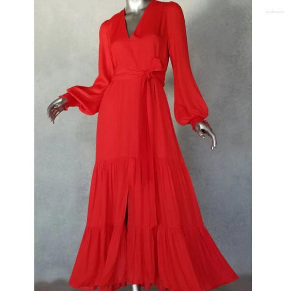 Costumi da bagno da donna 2023 Donne sexy Avvolgere Boho Maxi Abito rosso Manica lunga Solido Elegante scollo a V Gonna ampia Costume da bagno Abito da damigella d'onore