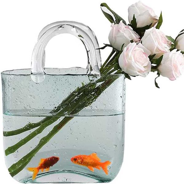 2 in 1 Glasbeutel Blume Vase Fischtank Wohnzimmer Dekoration Blase Handtasche Vase Wasseranordnung Ornamente Hochzeit Dekor HKD230823