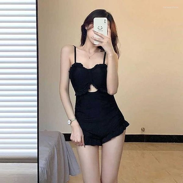 Kadın Mayo Kore Tek Parça Mayo Kadın Katı Etek Monokini Push Up Simem Suit Piled Sexy Camisole Bandeau Pad Banyo