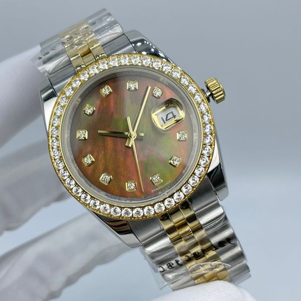 Orologio meccanico automatico da donna. Quadrante impermeabile con datario, lunetta con diamanti da 36 mm, fibbia pieghevole in acciaio inossidabile. Orologio natalizio da donna
