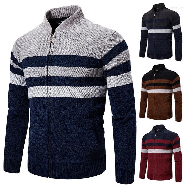 Männer Pullover Herbst Plüsch Und Verdickte Farbe Kontrast Gestreiften Pullover Strickjacke Jacke Casual Baseball Kragen Trend Top