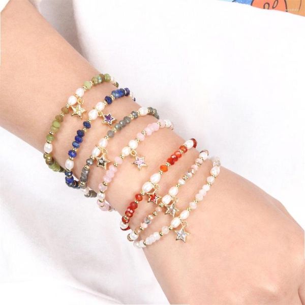 Strand Vlen Natural Stone Cut Surface Beads Multi-color Bracelets Water Fresh Water Pearls Zircon Star Bracelet For Women Banhado a Ouro