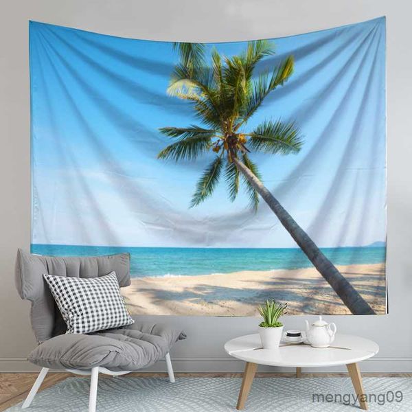 Audio paesaggio Arazzo blu spiaggia della spiaggia della spiaggia appesa decorazioni per la casa muro appeso a tappeto yoga tappetino asciugamano decorazioni murali r230810