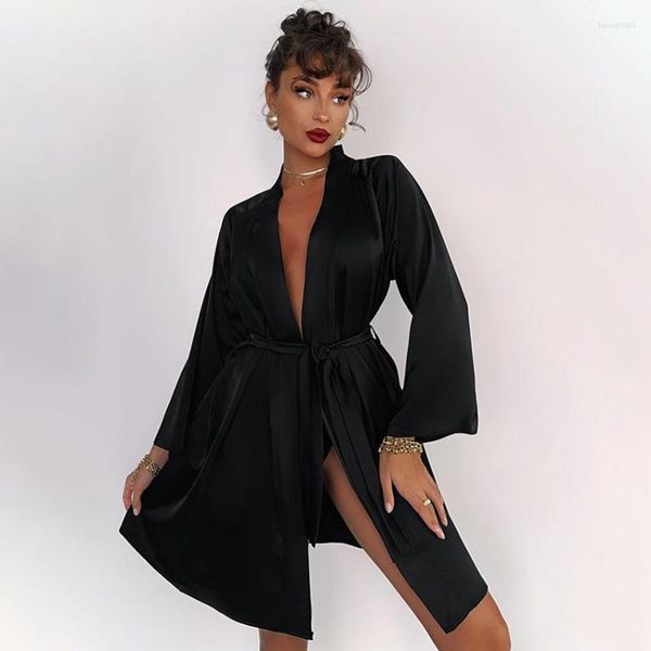 Roupa de Dormir Feminina Preto Cetim Sexy Chuveiro Robe Roupão Solto Roupão Feminino Manga Longa Camisola Quimono Mulher Casamento