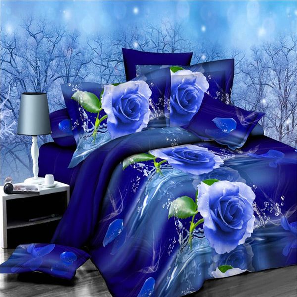 Conjuntos de Lençóis Azul 3D Conjunto de Rosas King Size Flor Consolador Capa de Edredom Romântico Decoração de Casamento Roupa de Cama Roupa de Cama Lençol Fronha 230809