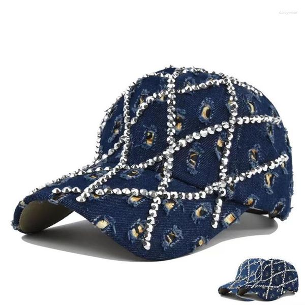 Cappellini da baseball Cappello da donna con strass strappato Berretto da baseball in denim Snapback Donna Kpop Moda Stampa leopardata Visiera regolabile Cappello da sole Gorras