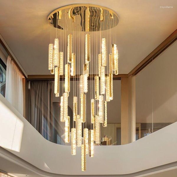 Avizeler İskandinav Lüks Kristal Avize Led Işıklar Modern Altın Gümüş Tasarım Mükemmel Dubleks Binalar Spiral Merdivenler Yemek Odaları