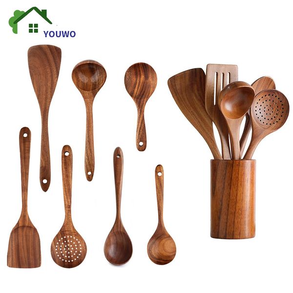 Utensili da cucina Cucchiaio in teak naturale Paletta da cucina Spatola in legno Set antiaderente per con ganci appesi Utensili per pentole 230809