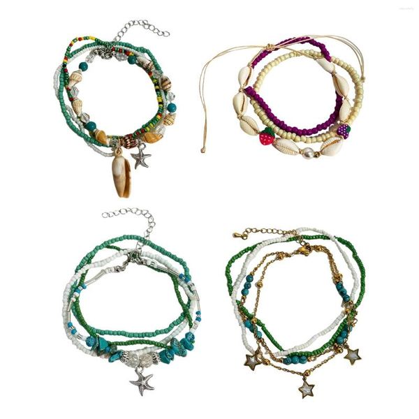 Tornozeleiras com contas para mulheres Boho Pé Jóias Multicamadas Elegante Tornozelo Bracelete Surfista Verão Biquíni Festa e Meninas