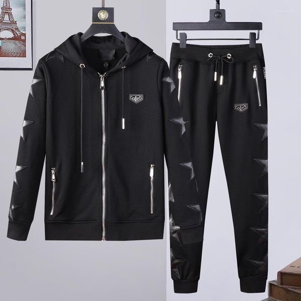 Moletons masculinos PP Caveira Bordada Jaqueta Masculina 2 Peças Moletom Com Capuz Calças Conjunto de Treino Zip Roupas de Outono Inverno Abiti Da Uomo