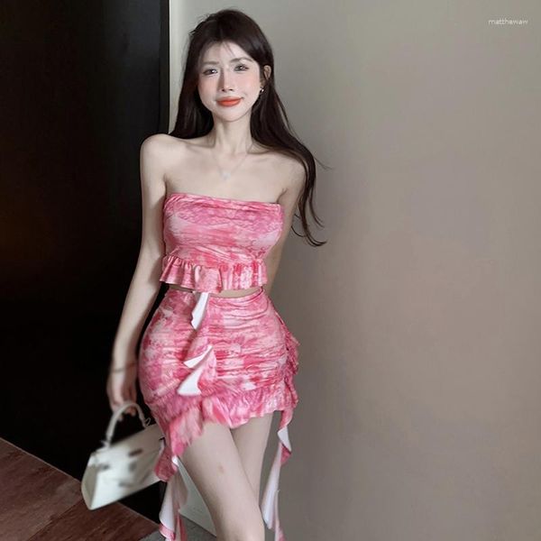 Два кусочка платье 2 набора набора топ -юбки корейская версия летняя принт Skir Skir Sexy Sexy Trurgular Tube
