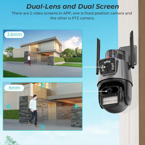 8MP 4K IP Kamera Açık Mekan Wifi PTZ Çift Lens Çift Ekran Otomatik İzleme Su geçirmez Güvenlik Video Gözetim Polis Işık Alarmı 2024