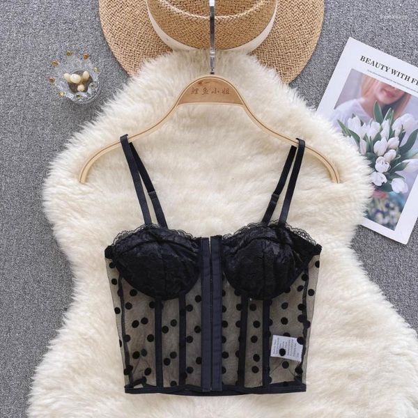 Canottiere da donna Crop Top Canotte trasparenti in pizzo da donna con reggiseno incorporato Canotta con cinturino a pois a pois Canotta femminile senza schienale Sweet Drop