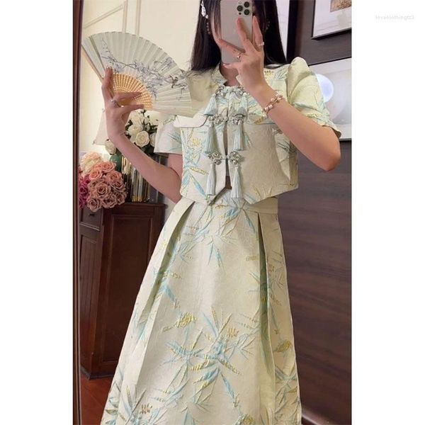 Этническая одежда мода ретро -ретро -китайский традиционный костюм для костюма для юбки Блузя высокая талия наполовину элегантная летняя женская сет