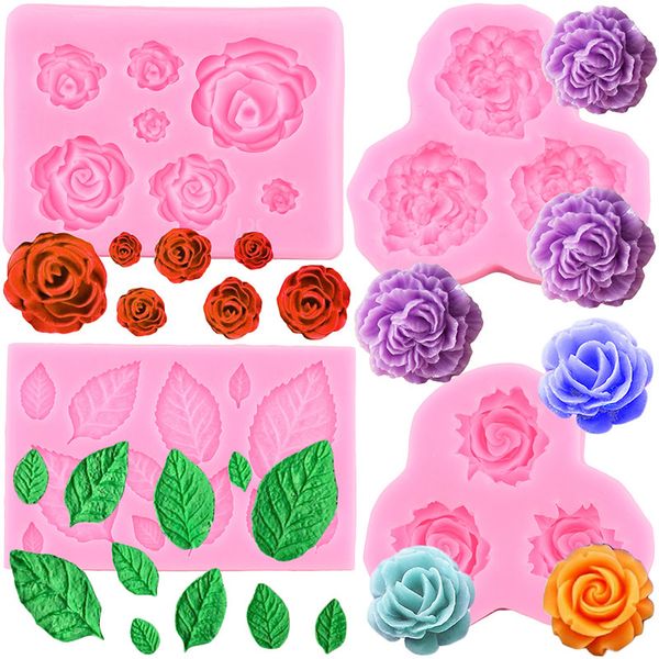 Formas de Assar Flor Rosa Peônia Molde De Silicone Ferramentas De Decoração De Bolo De Casamento Moldes De Fondant De Chocolate Folha Doces Resina DIY Cupcake Topper 230809