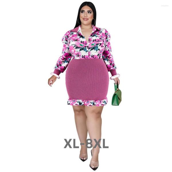 Plus Größe Kleider Kleid Frauen Süße Floral Patchwork Taste Rüschen Saum Mode Outwear Midi Großhandel 3xl 4xl 5xl 6xl