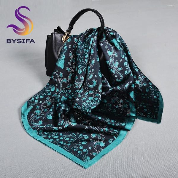 Шарфы Bysifa Элегантный черный синий шелковый шарф Scarf Cape Bufanda 70 70 см зимных аксессуаров весенний осенний бренд квадрат головной платок