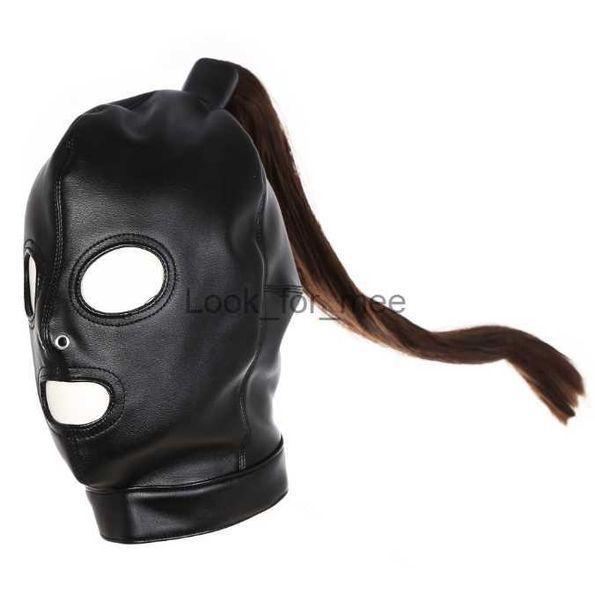 Lateks unisex kaput maskesi seksi pu deri maskeler erkekler kadın cosplay saç at kuyruğu göğüs kemer başlık seksi cosplay aksesuar hkd230810