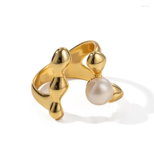 Fedi nuziali ALLME INS Fascino di perle d'acqua dolce di moda per le donne Anello aperto regolabile geometrico irregolare in ottone placcato oro reale 18 carati