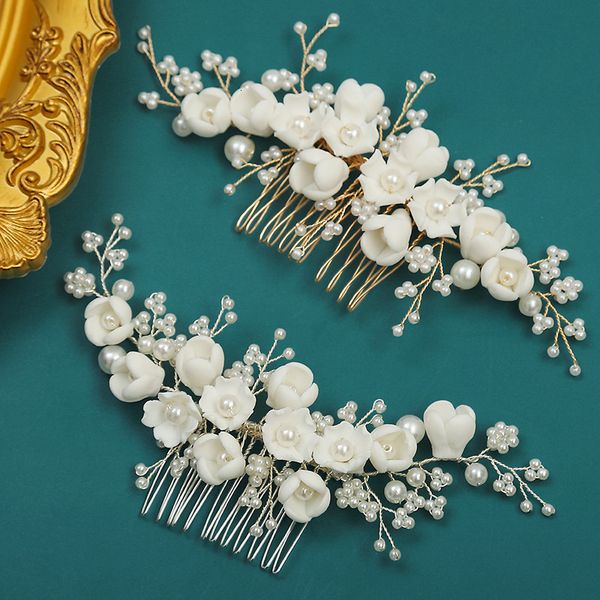 Gioielli per capelli da sposa 2023 Pettine per fiori in porcellana di perle Po Sposa Copricapo Accessori fatti a mano all'ingrosso 230809