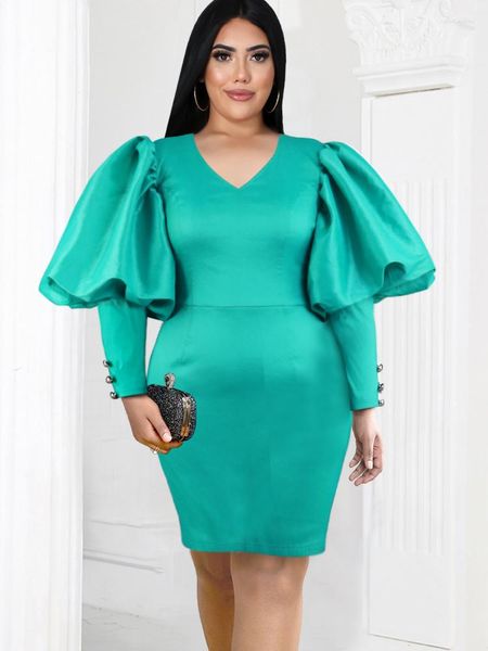 Vestidos Plus Size ONTINVA Boydcon Verde Para Mulheres Decote em V Manga Longa Lanterna Lápis até o Joelho Comemore Roupas de Festa Elegantes