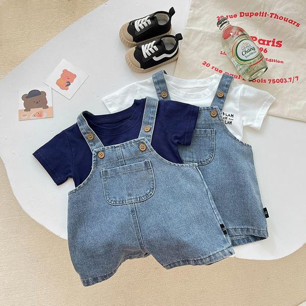Giyim Setleri Kızlar İçin Bebek Erkekler Kısa Kollu T-Shirt Denim Tulum 2 PCCS Suit Pamuk Yaz Toddler Casual Kıyafetler