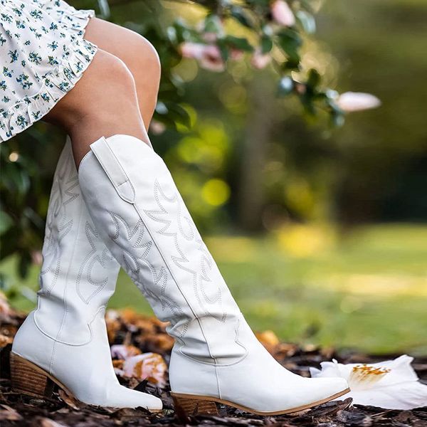 Botas BONJOMARISA Branco Cowboy Cowgirls Botas Ocidentais Bordado Moda Feminina Botas até o Joelho Botas Femininas Design de Outono Botas Femininas Sapatos 230809