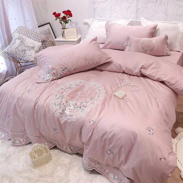 Conjuntos de cama luxuosos de algodão rosa princesa king size queen size pastoral bordado flor branco verde menta capa de edredom capa de edredom cama2765