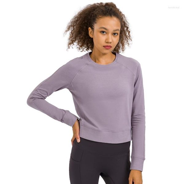 Aktive Shirts ZenYoga Thermal French Terry Running Gym Sweatshirt Damen Freizeit Rundhals Baumwolle Sport Pullover Fitness Langarm Tops